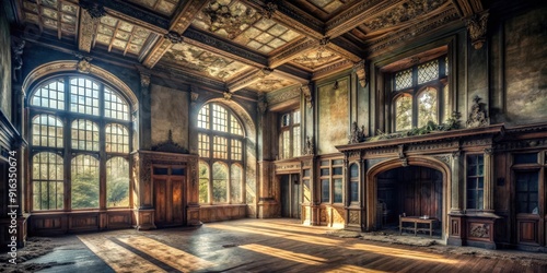 Haunting elegance of an abandoned Elizabethan mansion interior , intricate woodwork