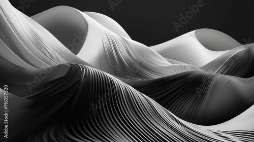 Striking black and white forms undulate gracefully, resembling waves in a tranquil landscape