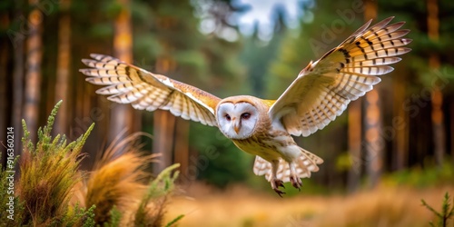 Hunting Barn Owl in flight in a wild forest setting, Barn Owl, bird, wildlife, forest, hunting, flying, tito alba