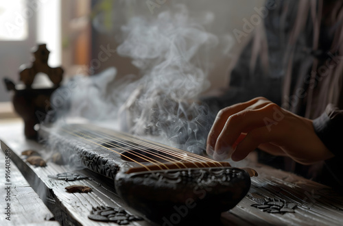 Close-up of hands playing guzheng in smoke