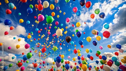 Colorful balloons flying in the sky during a balloon release event, event, celebration, festival, up, flying, colorful, party, decoration