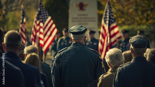 A Veterans Day ceremony with a crowd gathered in front of a memorial, veterans in uniform standing at attention, and a speaker giving a heartfelt speech, surrounded by American flags and a sense of