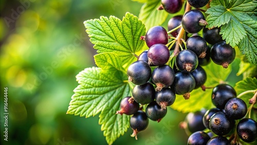 Close-up of a blackcurrant twig with ripe berries and green leaves, blackcurrant, twig, berries, leaves, close-up, ripe