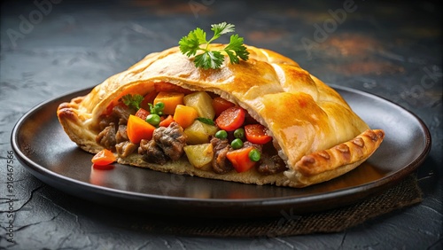 Traditional Cornish pasty filled with beef meat, potato and vegetables on black plate, Cornish, pasty, beef, meat, potato