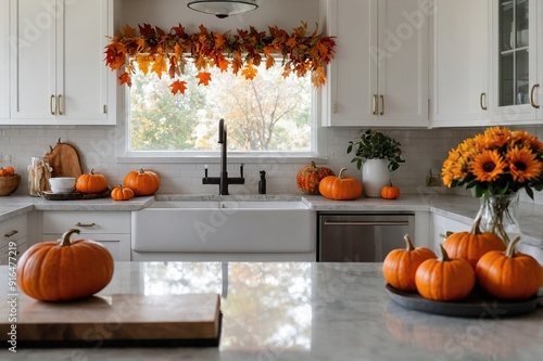 White modern kitchen decorated for fall with orange pumpkins and leaves