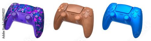 Collection of gaming controllers with different colors and designs for gaming enthusiasts isolated on white background with clipping path