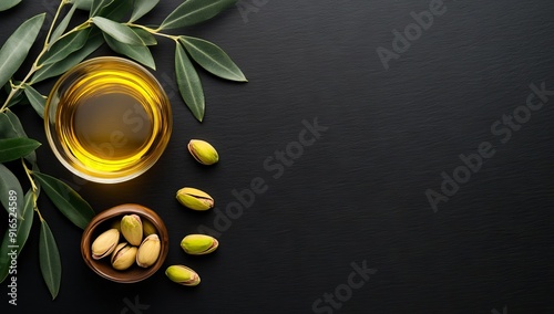 Glass of Argan Oil with Green Leaves and Pistachios on Dark Background