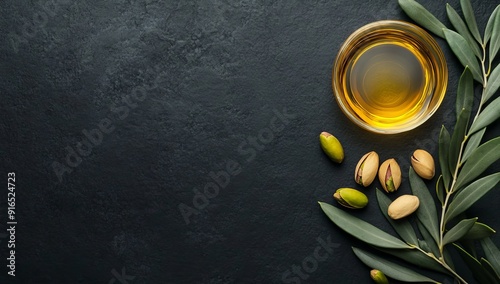 Glass of Argan Oil with Green Leaves and Pistachios on Dark Background