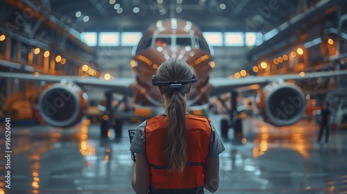 Female engineer wearing a safety vest and headset supervises maintenance operations on an aircraft in an industrial hangar, ensuring all procedures are followed.