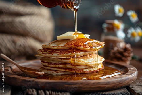 Classic morning meal featuring fluffy pancakes drizzled with syrup and topped with creamy butter.