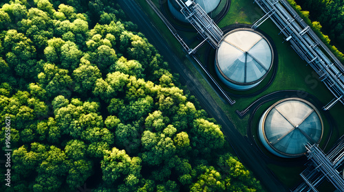 Aerial view of industrial tanks adjacent to a lush green forest..