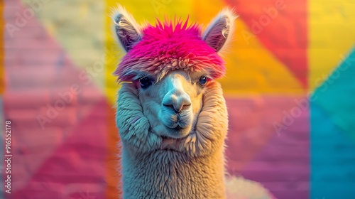 An Alpaca with an abstract geometric background, sharp lines and vibrant colors, creating a dynamic and modern composition, hd quality, natural look. --ar 16:9 --v 6.0 --s 250 --style raw