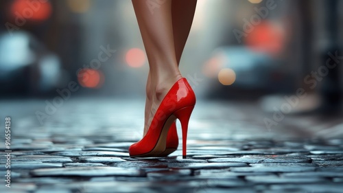 Woman's legs in red stilettos stepping onto cobblestone street.