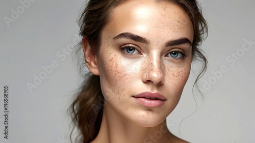 Close-up face of attractive young beautiful woman with dark spot on her face skin, hyperpigmentation melasma caused by hormonal changes or freckles spots caused by genetics or exposure to the sun