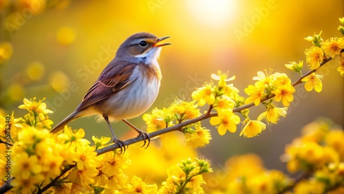 A bright-eyed songbird trills a melodious tune from its perch atop a blooming shrub, set against a serene backdrop of soft yellow hues on a spring morning.