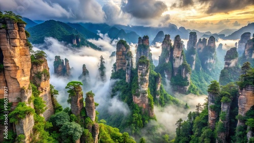 Breathtaking mist-shrouded mountains rise dramatically from lush green valleys in Zhangjiajie National Forest Park's Yuanjiajie scenic area, western Hunan Province, China.