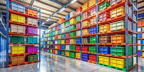 Rows of metal shelves lined with stacks of colorful storage boxes, crates, and bins in a bright, organized warehouse with plenty of space.