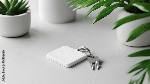 White keychain mockup displayed on a simple table with minimalistic decor