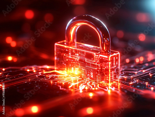 A glowing digital padlock symbolizing cybersecurity, featuring vibrant red hues and intricate circuit patterns.