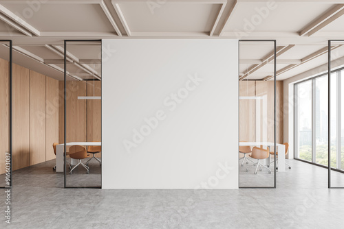 Office meeting interior with board and armchairs, panoramic window. Mockup wall