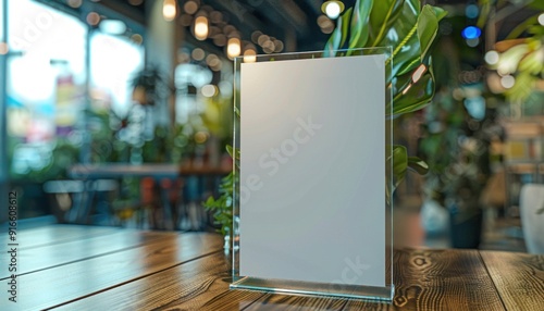 Blank acrylic sign standing on wooden table with blurred restaurant background