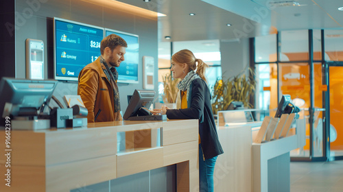 A friendly bank teller assisting a customer at a modern bank counter