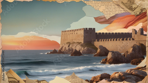 Surreal collage composition made of cutted photos with vintage toning. Seascape of fortress and rock on sundown evening.