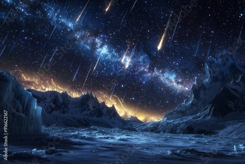 Meteorite rain streaking across a midnight sky full of twinkling stars, with a backdrop of icy mountains glistening under the celestial display, creating a serene and majestic scene