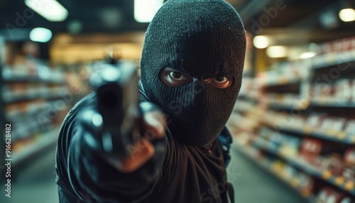 Masked criminal pointing gun at camera in supermarket