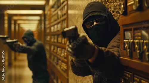 Masked robbers aim guns while executing a heist in a bank vault filled with safety deposit boxes