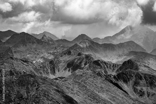 Black and white landscape of the Pirin Mountains, Bulgaria.