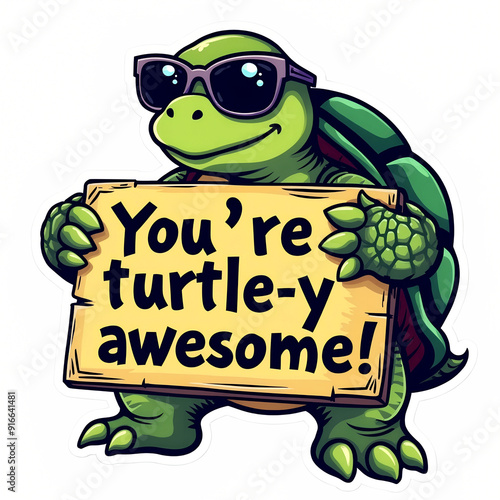 funny turtle sticker with text on transparent background