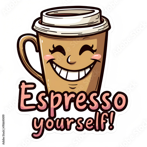 funny coffee sticker with text on transparent background