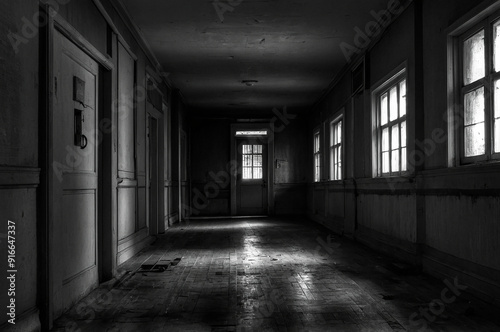 A corridor shrouded in darkness, At the end of the hall, a door appeared, slightly ajar, creaking softly as if inviting you to an unknown place.