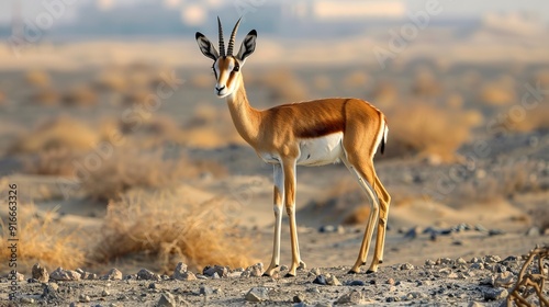 An Arabian gazelle is depicted in its natural habitat within a protected conservation area in Dubai, United Arab Emirates. The gazelle, gracefully standing amidst the desert landscape