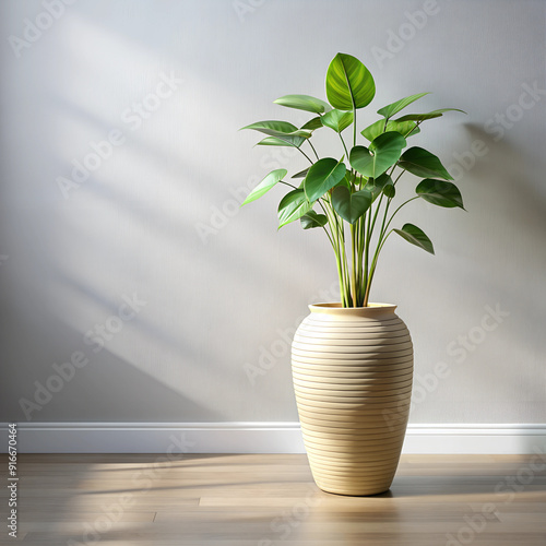 floor vase with rim with green plant on light background