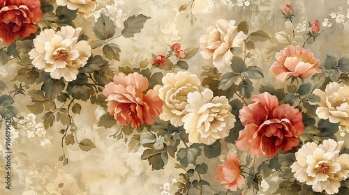 A timeless vintage wallpaper design showcasing classic floral prints of dahlias and hibiscus. The intricate floral details are depicted in soft, vintage colors with a subtly aged background,