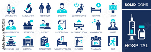 Set of hospital related icons including symbols for various medical departments and services such as vaccination, laboratory, reception, and more. Vector illustration.