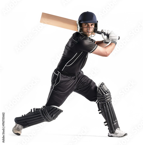 Cricket striker with his cricket bat over shoulder wearing a full gear black uniform