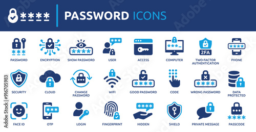 Password icon set. Containing login, access, secure, passcode, encryption, code, 2FA, fingerprint and more. Solid vector icons collection.