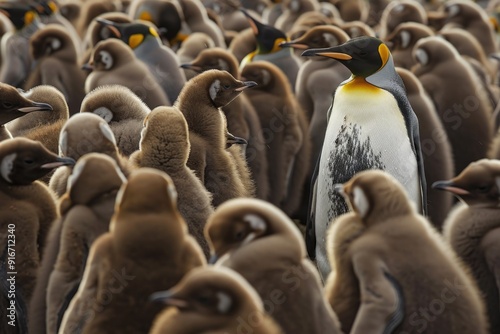 Unique Adult King Penguin Standing Out Among Large Group of Chicks at Volunteer Point, Falkland Islands