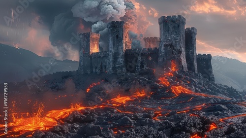 Siege of a castle on a volcanic island, lava adding danger