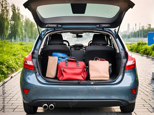 Modern hatchback car with open trunk. The car boot is open for luggage. The car prepared for a drive and waited after the passengers. A lot of space for coffers and bags. Ready for a trip