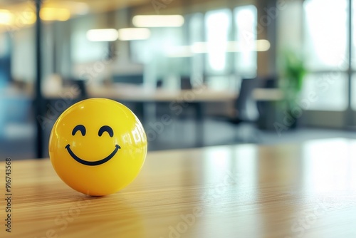 A bright yellow smiley face on a wooden desk in a modern office, symbolizing happiness, positivity, and workplace well-being. Perfect for concepts of stress relief, office culture, and mental wellness