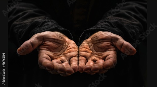 Close up of male hands begging or holding something over black background