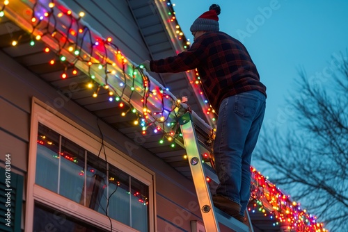 A man on a ladder is putting up Christmas lights on the eaves of a house. Festive holiday decoration.