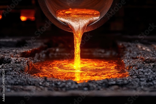 Liquid molten metal pouring from crucible in foundry