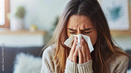 Woman with runny nose sneezes into tissue battling allergies or cold. Concept Health, Allergies, Cold, Runny Nose, Sneezing