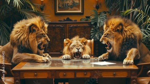 Lions arguing at a business meeting