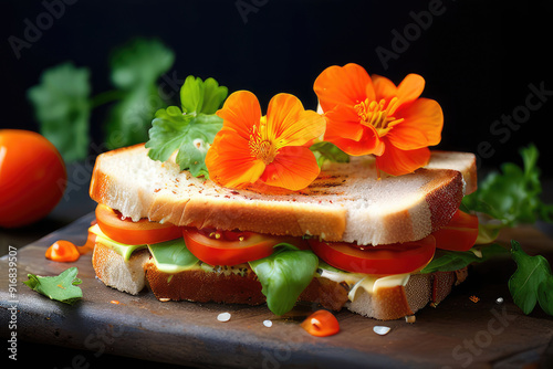 Sandwich with edible flowers of Nasturtium.